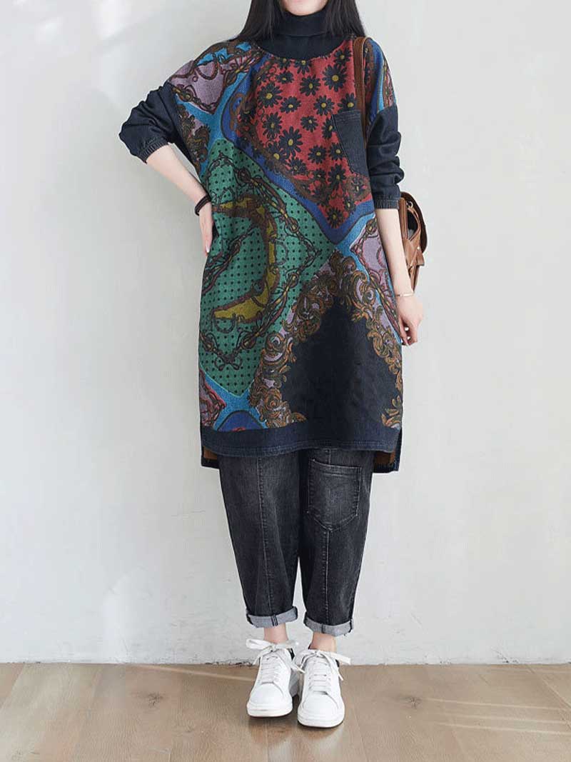 Round Neck Mixed Print Plaid Panel Long Sleeve Shift Midi Dress 2