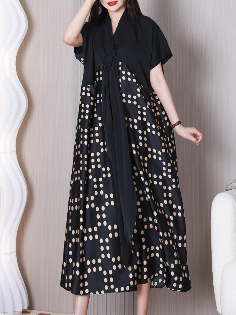 Black V-Neck Tie Front Short Sleeve Polka Dot Loose Maxi Dress