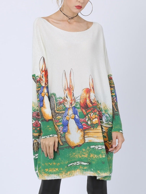 Boat Neck Rabbit Print Batwing Sleeve Loose Knit Sweater