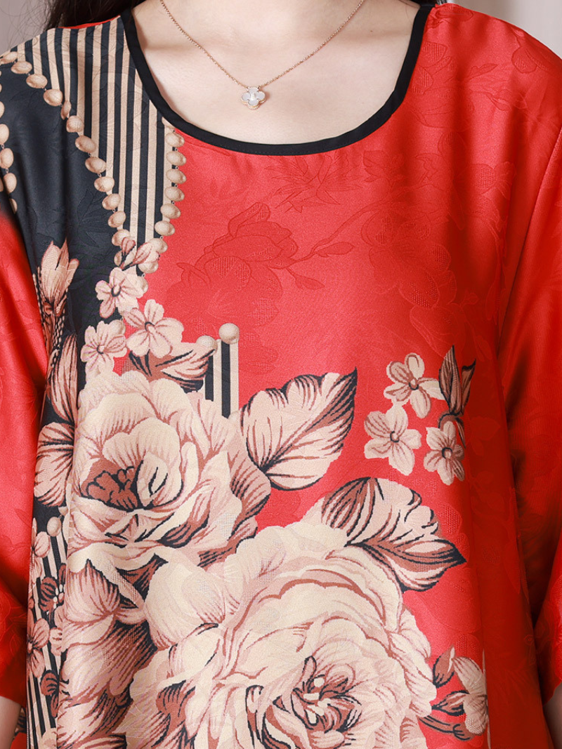 Round Neck Half Sleeve Floral Print Contrast Hem Midi Dress