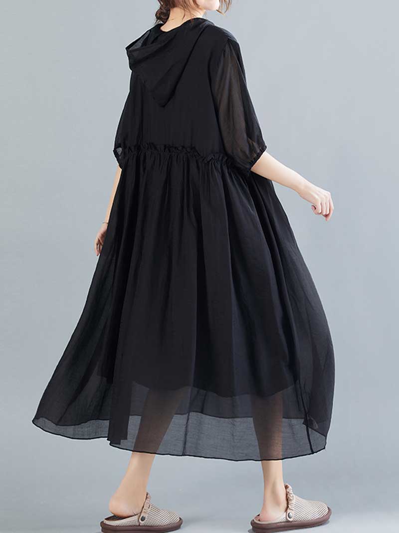 Hooded V-Neck Short Sleeve Pleated Loose A-Line Midi Dress 11