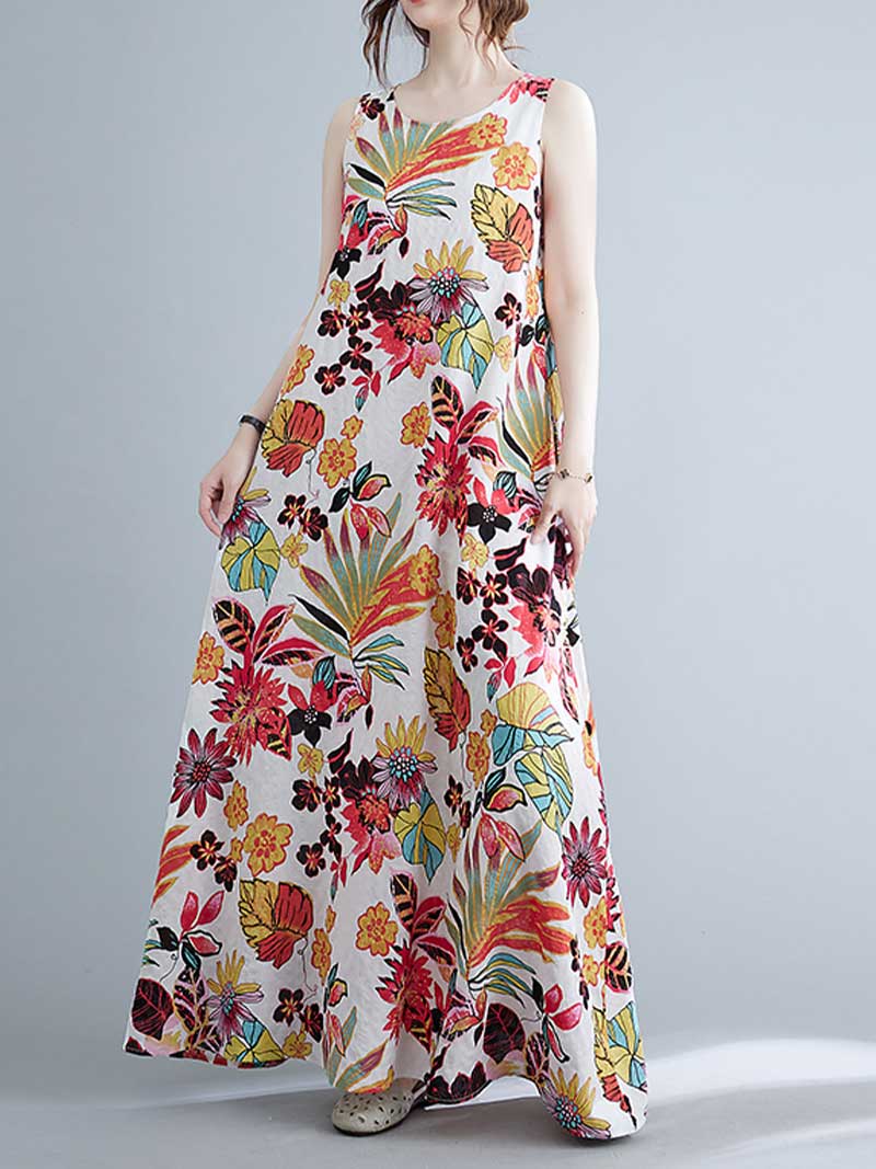 Round Neck Sleeveless Tropical Floral Print Loose A-Line Maxi Dress