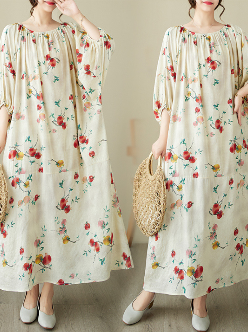 White Round Neck Fruit Print Batwing Sleeve Loose A-Line Maxi Dress