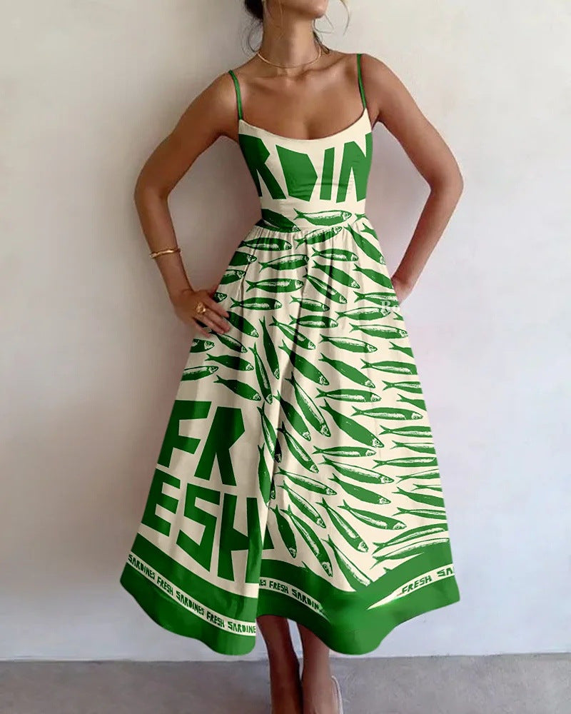 Spaghetti Strap Scoop Neck Sardine Fish Print A-Line Midi Dress