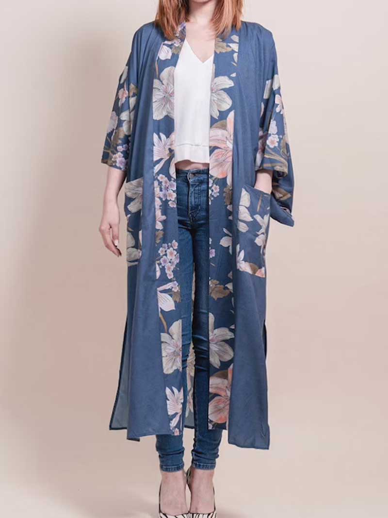 Grey Floral Print Belted Long Length Kimono Robe