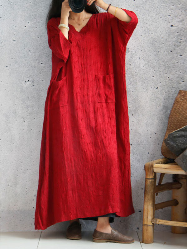 V-Neck Long Sleeve Patch Pocket Linen Loose Maxi Dress