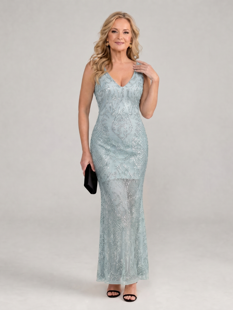 V-Neck Beaded Sequin Illusion Sleeveless Mermaid Maxi Gown 5