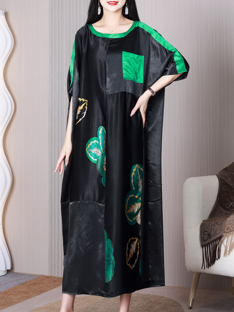 Round Neck Floral Print Satin Batwing Sleeve Loose Maxi Dress