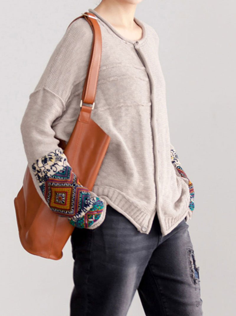 Round Neck Embroidered Sleeve Button Front Knit Cardigan