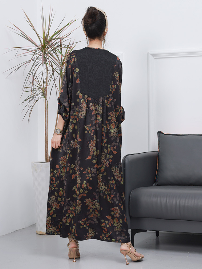 V-Neck Long Sleeve Floral Print Pleated Yoke Kaftan Maxi Dress