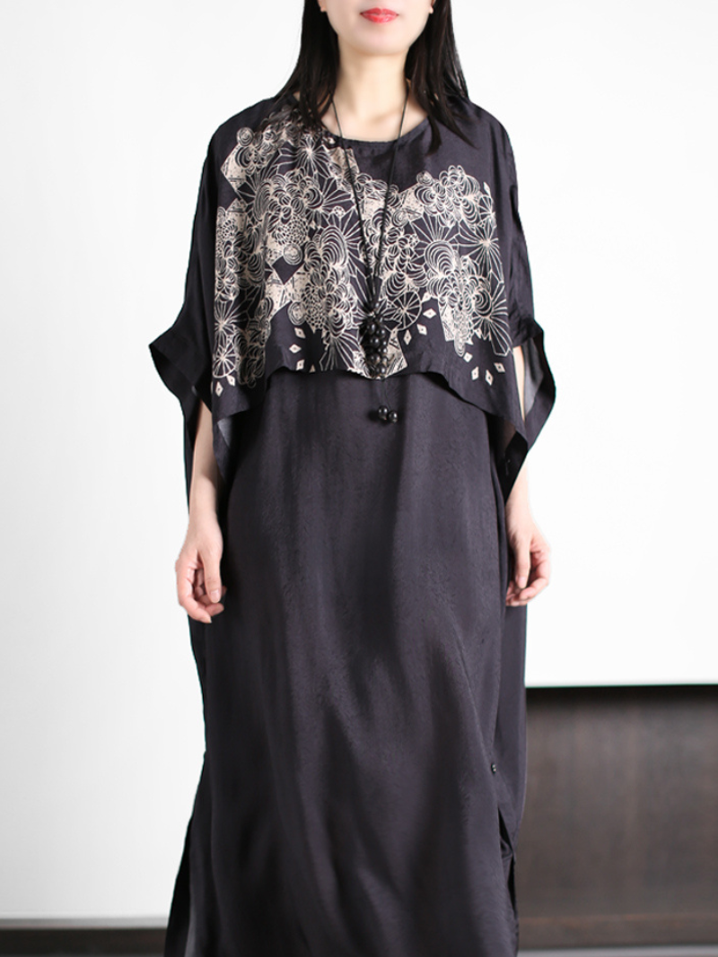 Black Round Neck Floral Print Layered Cape Loose A-Line Maxi Dress 2