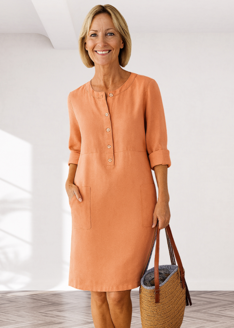 Henley Neck Roll Sleeve Patch Pocket Linen Shift Midi Dress 5