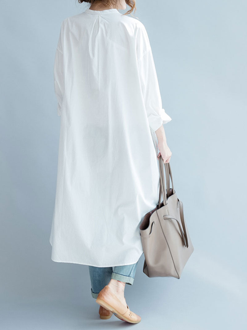 White Band Collar Button Front Long Sleeve Loose High-Low Shirt Dress 2