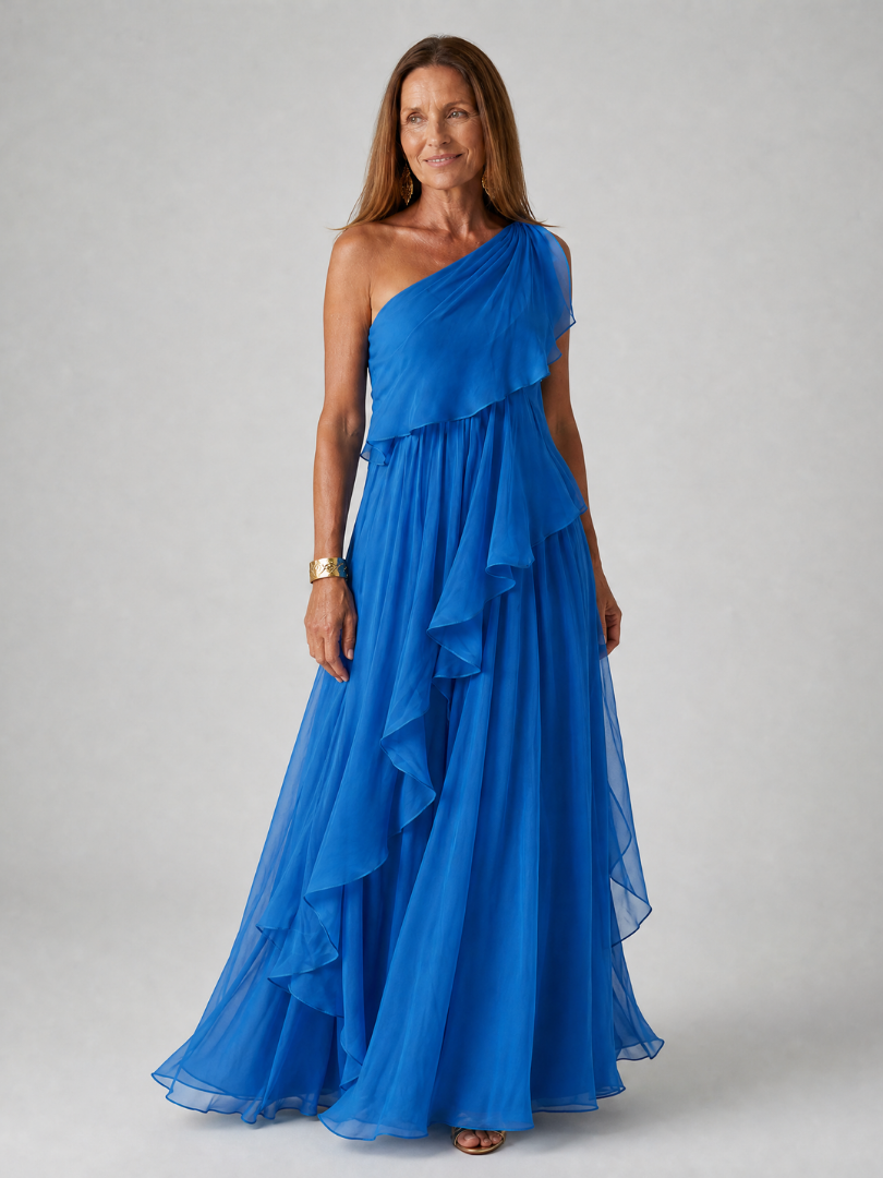 One-Shoulder Chiffon Cascade Ruffle Flowy Maxi Gown 10