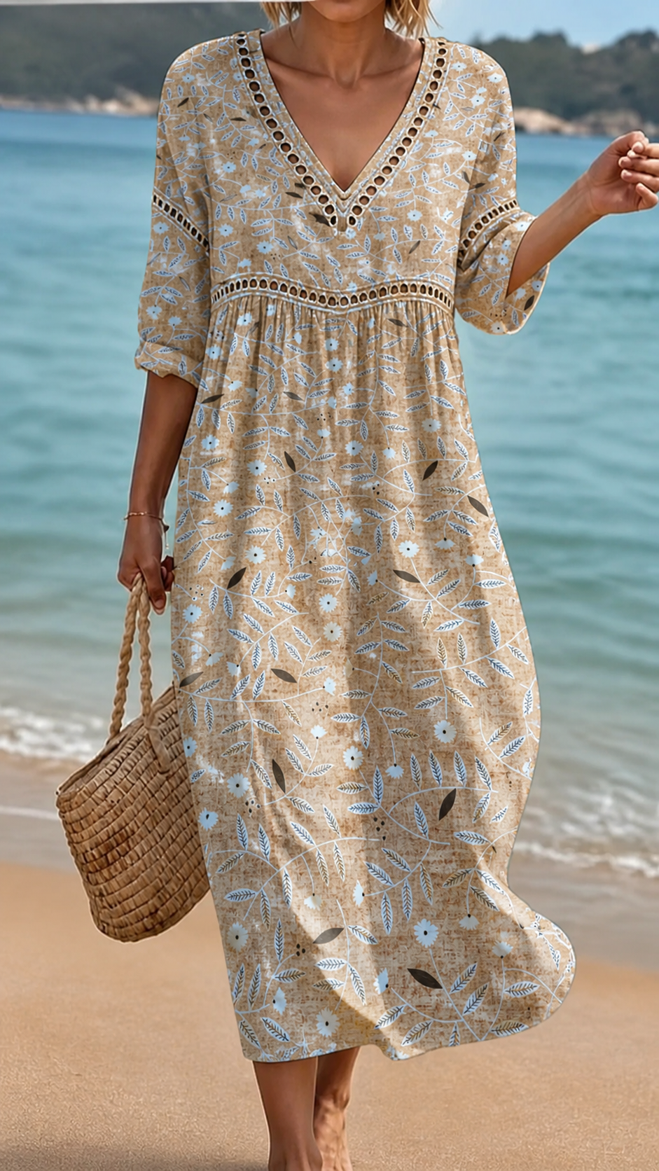 V-Neck Crochet Trim Ditsy Floral Print Half Sleeve Shift Maxi Dress