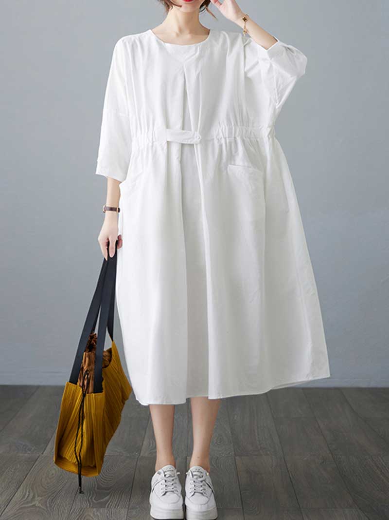 Round Neck Half Sleeve Cinched Waist Pocket Cotton Midi Dress
