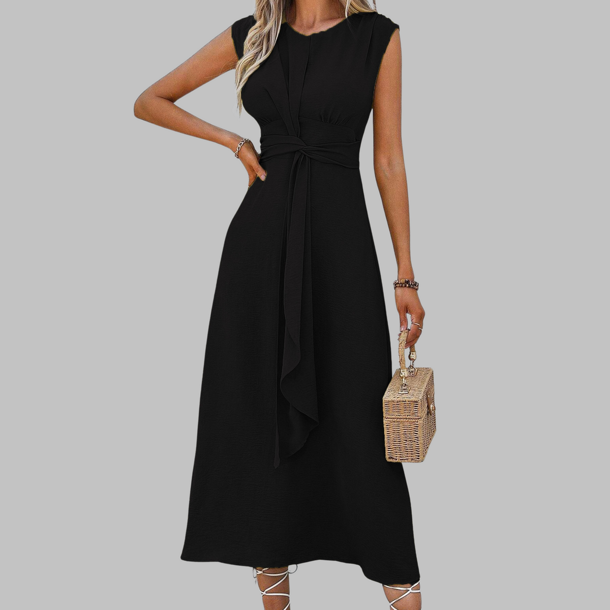 Round Neck Cap Sleeve Twist Front Tie Waist A-Line Midi Dress