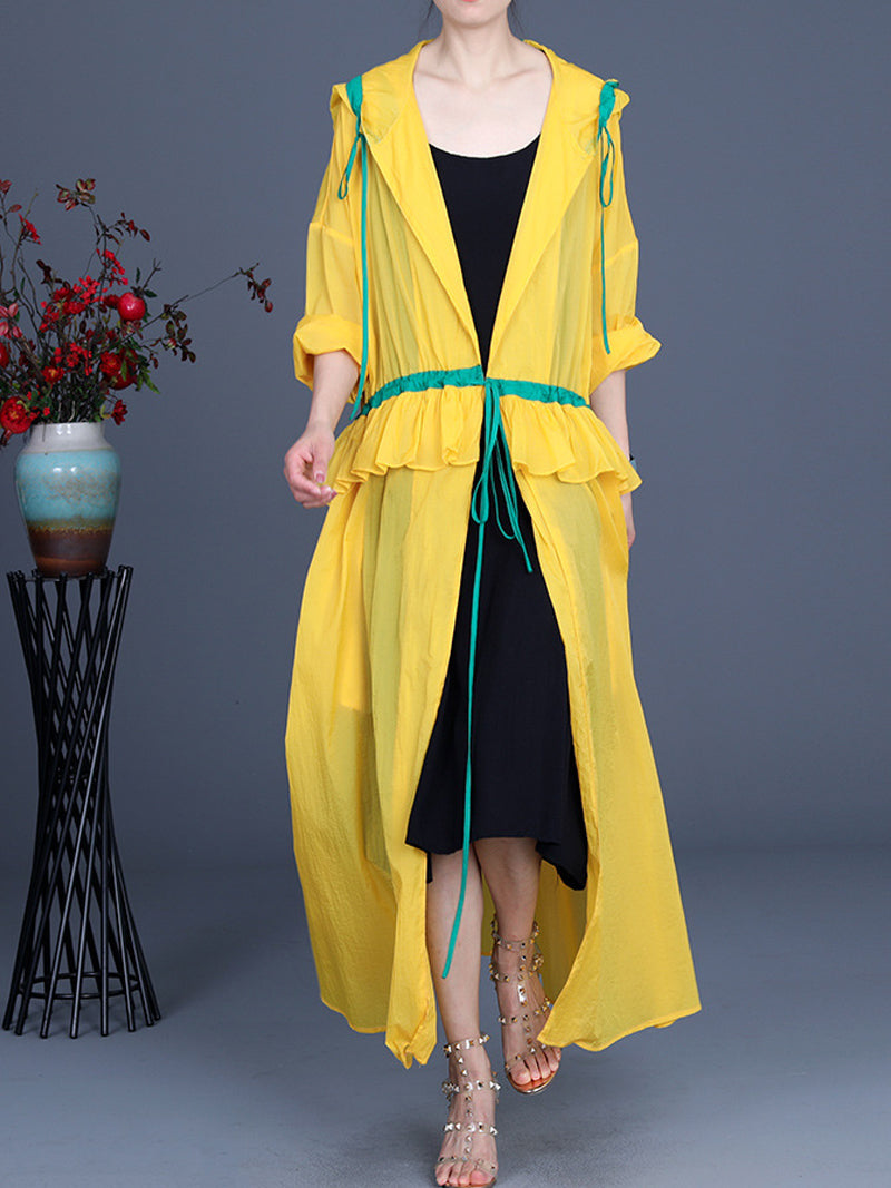 Hooded Drawstring Ruffle Pocket Open Front Long Duster Coat 3