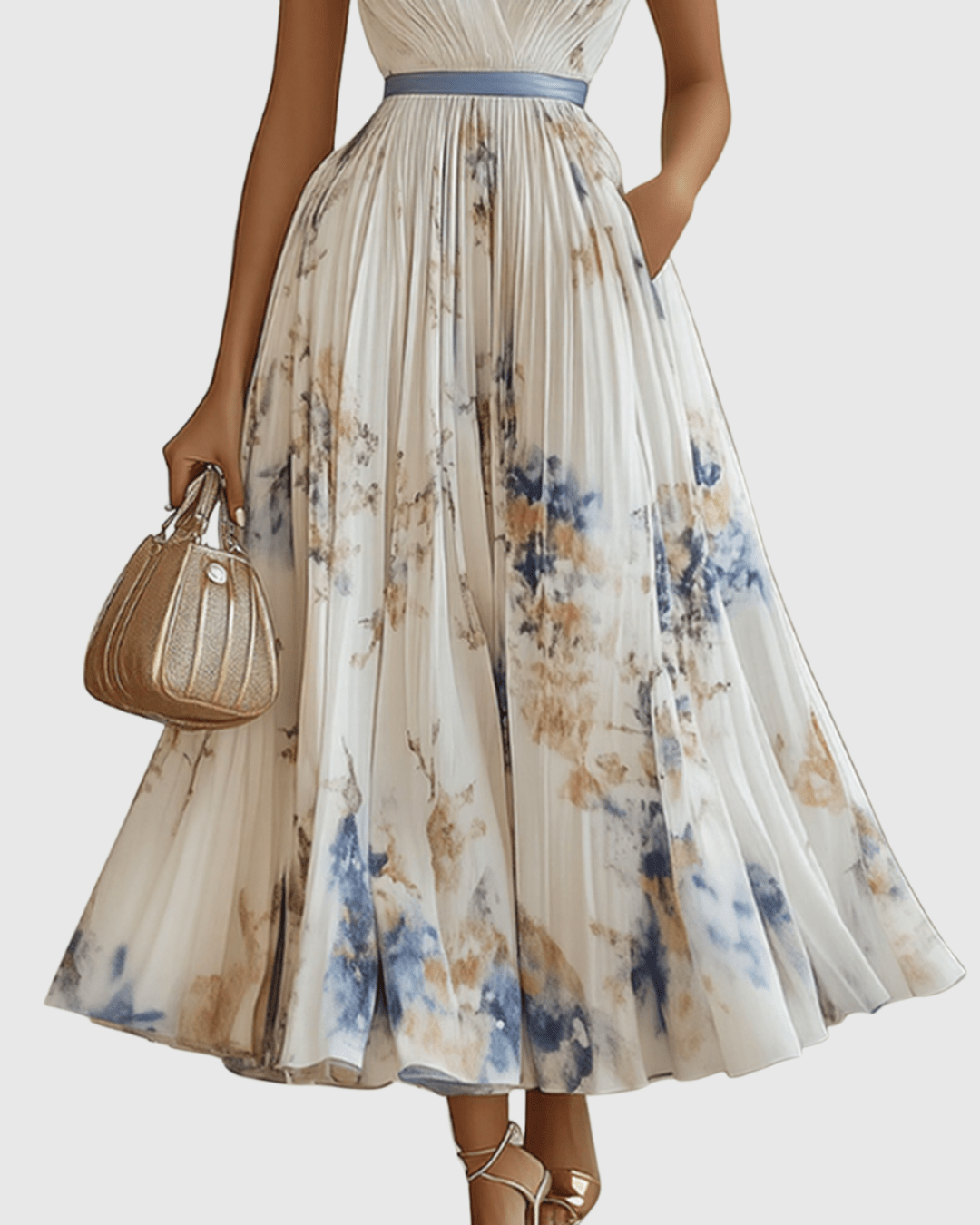 V-Neck Floral Print Sleeveless Pleated A-Line Maxi Dress