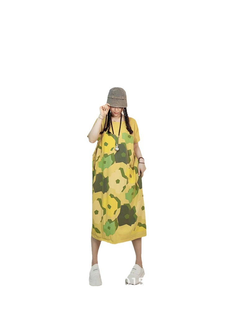 Round Neck Abstract Floral Print Short Sleeve Loose Cocoon Midi Dress 6