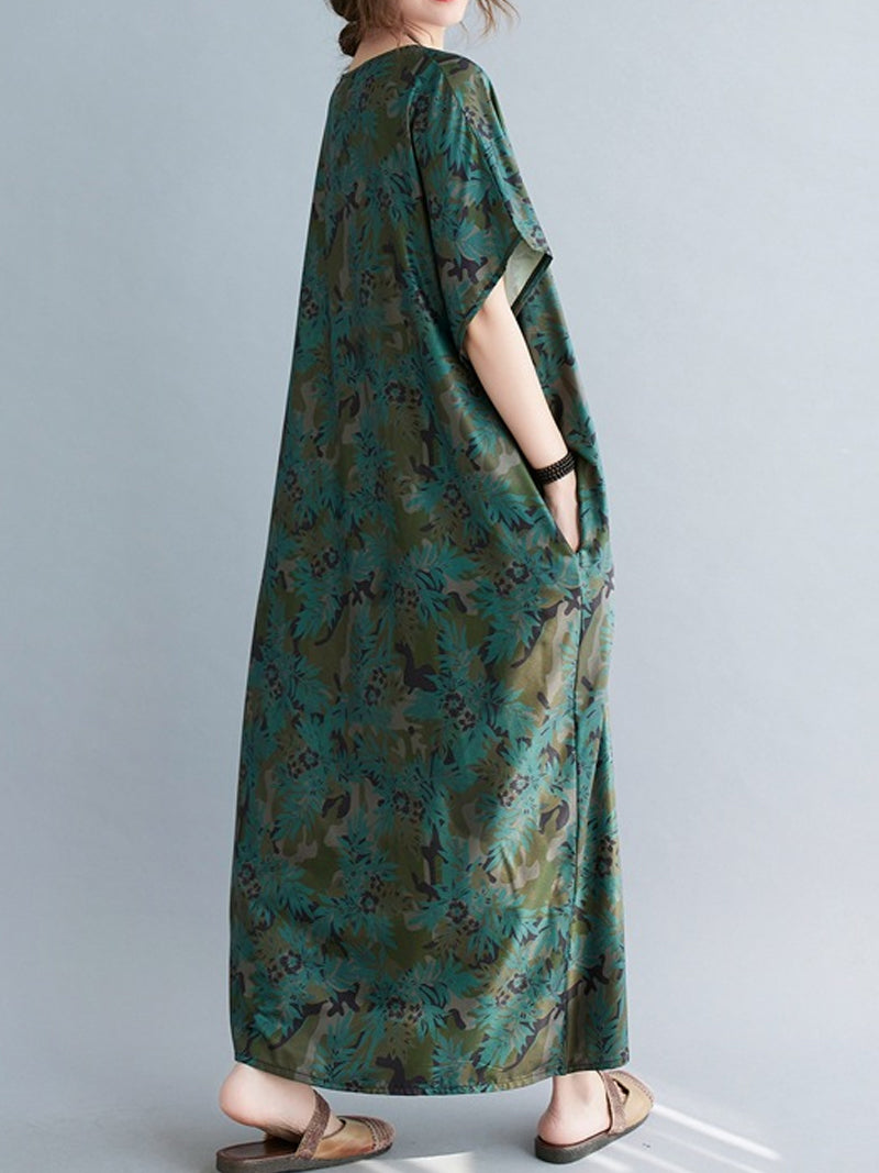 Green V-Neck Batwing Sleeve Floral Print Loose Kaftan Maxi Dress