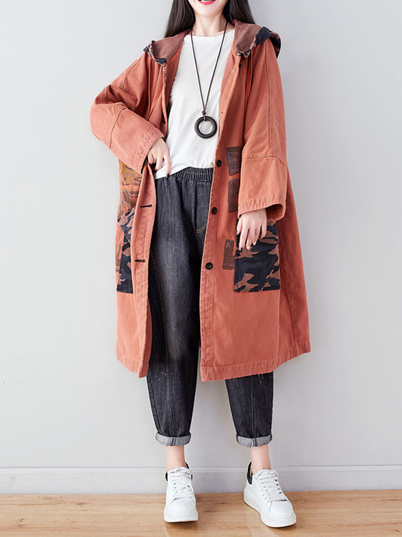 Hooded Graffiti Print Patch Pocket Long Denim Coat 12