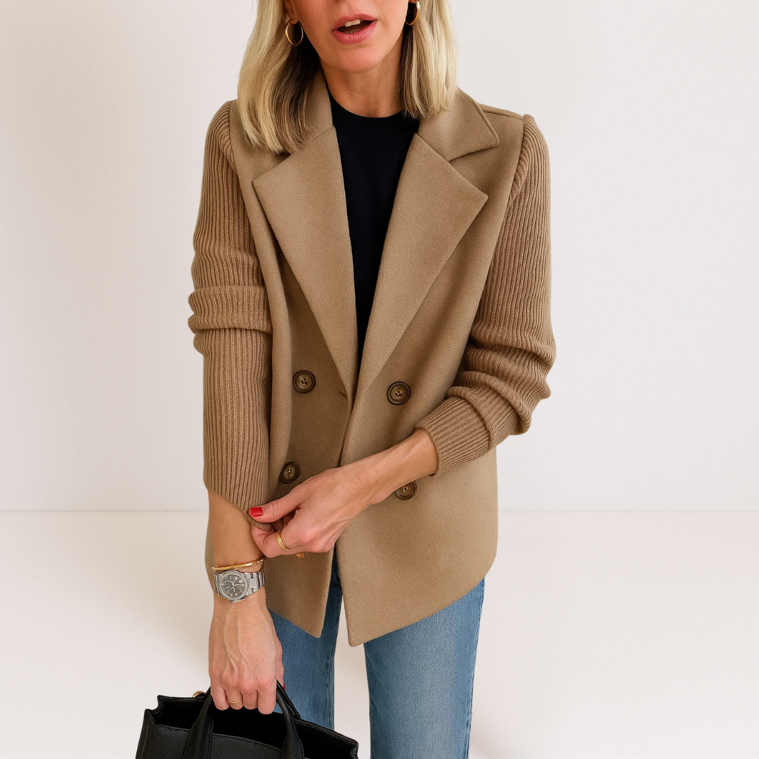 Notch Lapel Ribbed Knit Sleeve Double-Breasted Coat 4