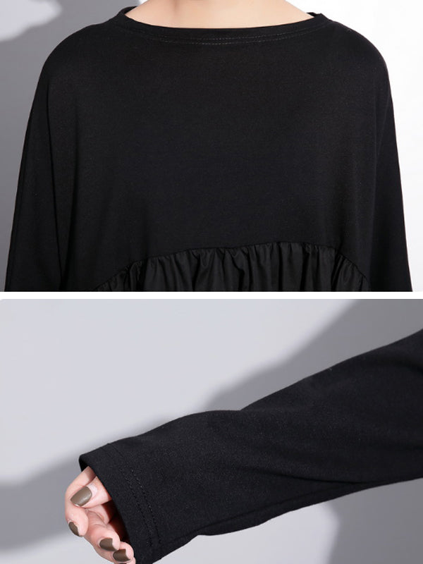 Black Round Neck Long Sleeve Pleated Pocket Smock Midi Dress