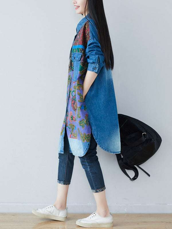 Collared Button Down Floral Print Denim Shirt Midi Dress
