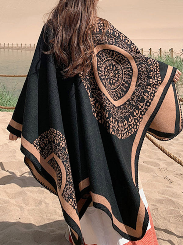Black Open Front Contrast Border Floral Draped Cape Cardigan 6
