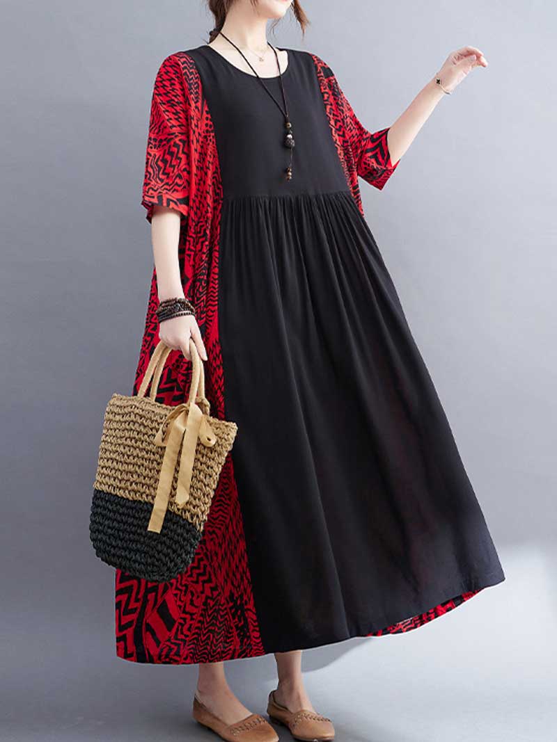 Round Neck Short Sleeve Geometric Print Loose Smock Maxi Dress 9