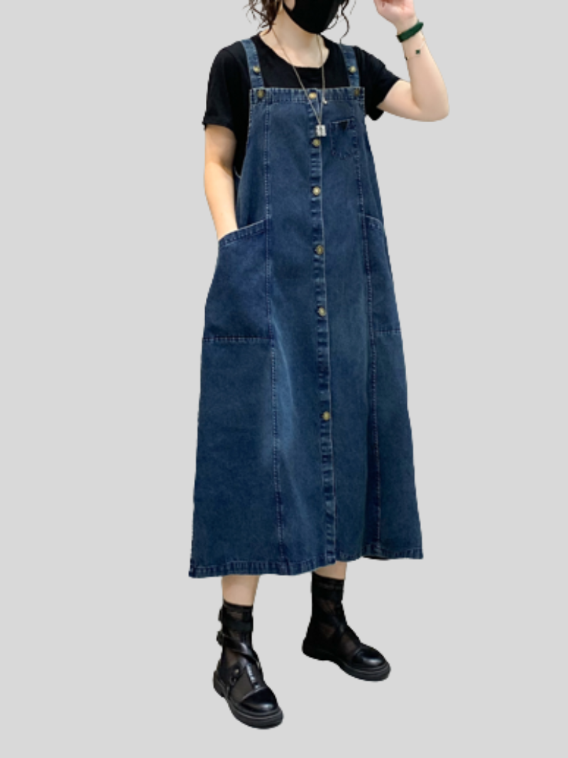 Strap Button Front Pocket Denim Pinafore A-Line Midi Dress 7