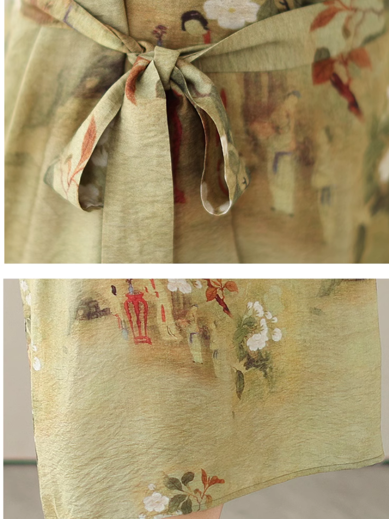 Boat Neck Cap Sleeve Floral Print Tie Waist Loose Midi Dress 6