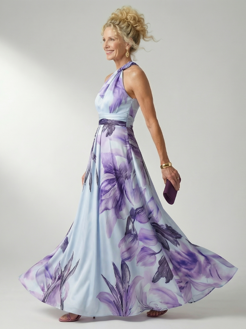 Halter Neck Twist Floral Print Satin A-Line Gown 9