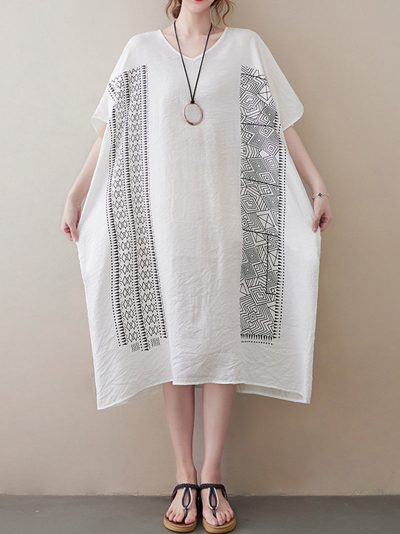 V-Neck Batwing Sleeve Geometric Print Loose Oversized Midi Dress