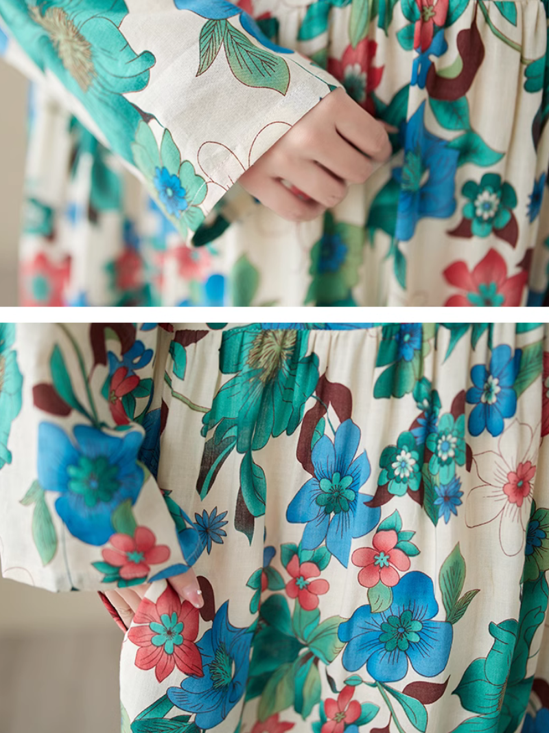 Round Neck Floral Print Long Sleeve Loose Smock Maxi Dress