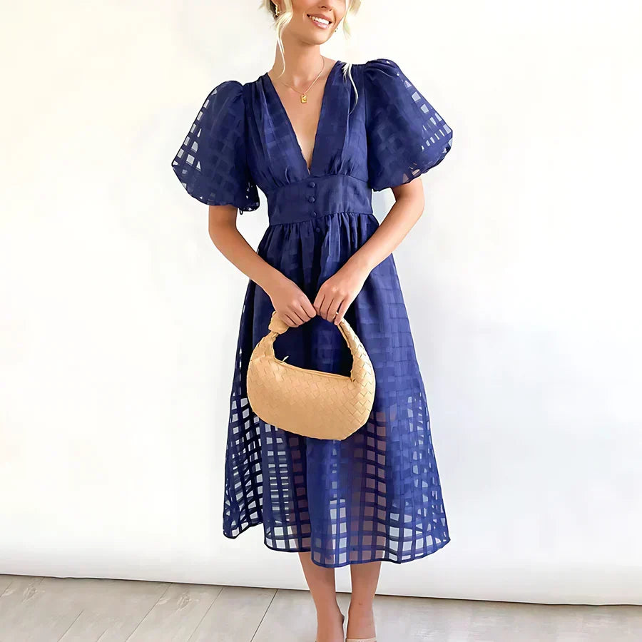 V-Neck Puff Sleeve Sheer Organza Grid A-Line Midi Dress
