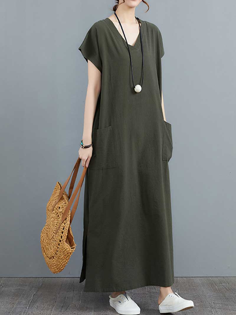 V-Neck Short Sleeve Patch Pocket Side Slit Loose Maxi Dress 7