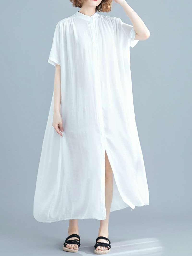 Button Front Short Sleeve Loose Cotton Shirt Maxi Dress