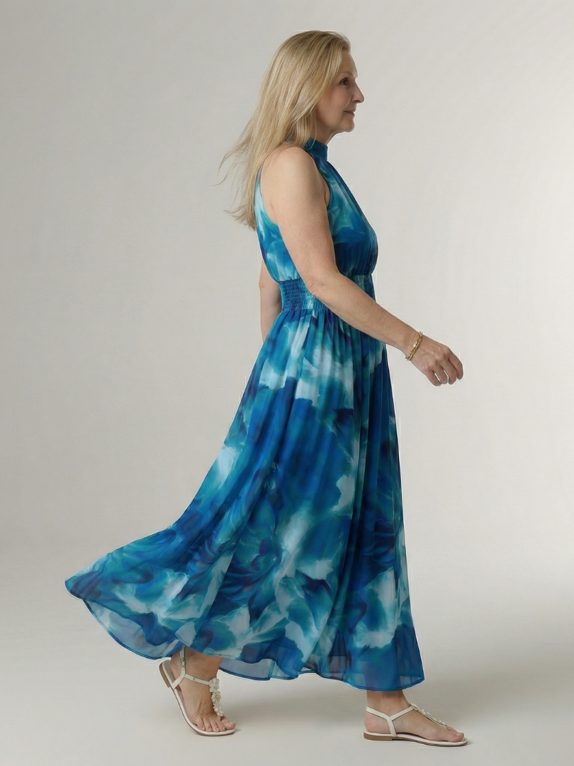 Halter High Neck Sleeveless Tie-Dye Print Shirred Waist Maxi Dress