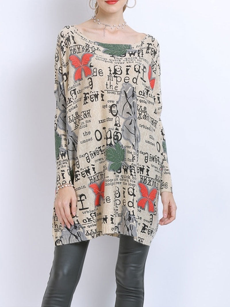 Boat Neck Butterfly Letter Print Long Sleeve Knit Tunic Top