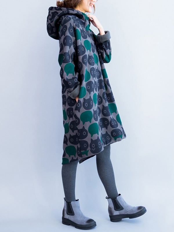 Grey Hooded Cat Print Long Sleeve Oversized Sweatshirt Midi Dress 6