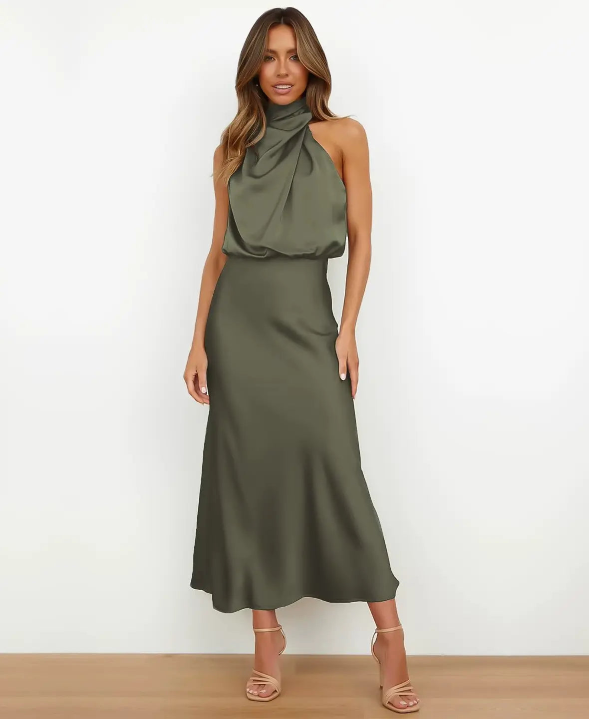 Halter Neck Draped Satin Sleeveless A-Line Maxi Dress 15