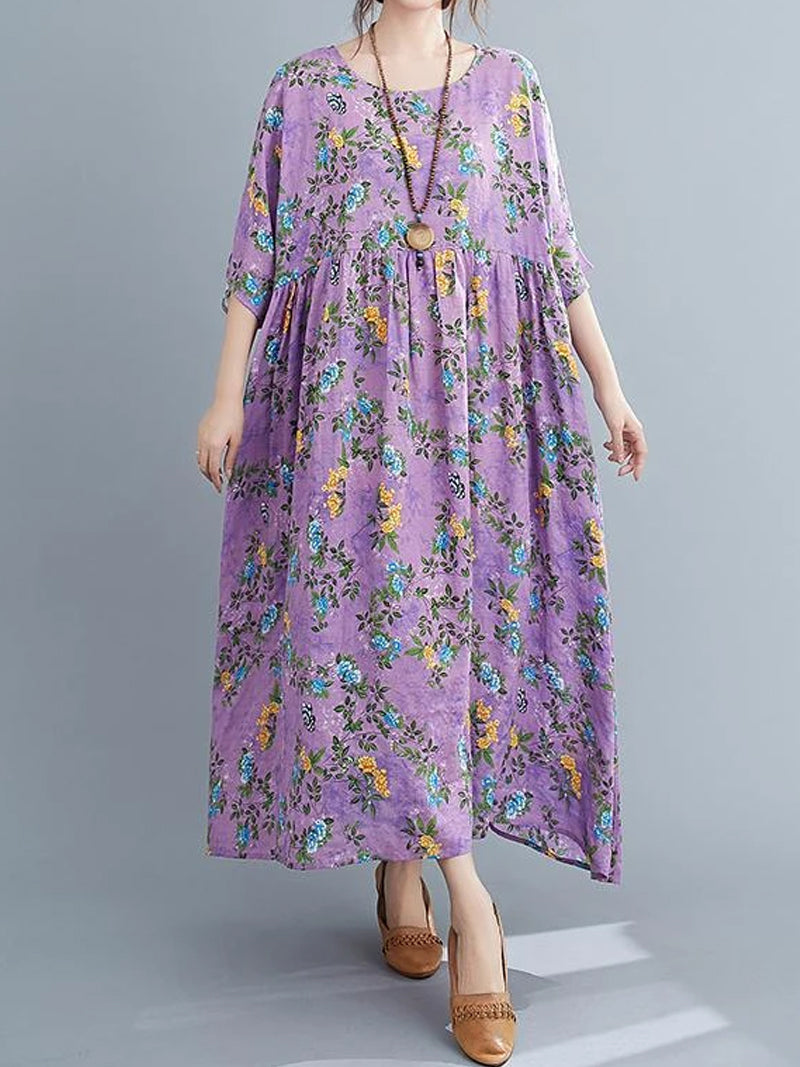 Purple Round Neck Floral Print Pleated Half Sleeve Loose A-Line Maxi Dress