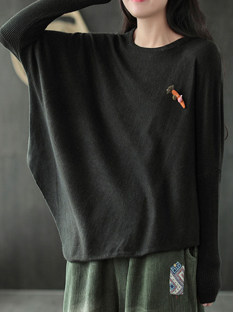 Round Neck Batwing Sleeve Carrot Embroidered Loose Knit Sweater 6