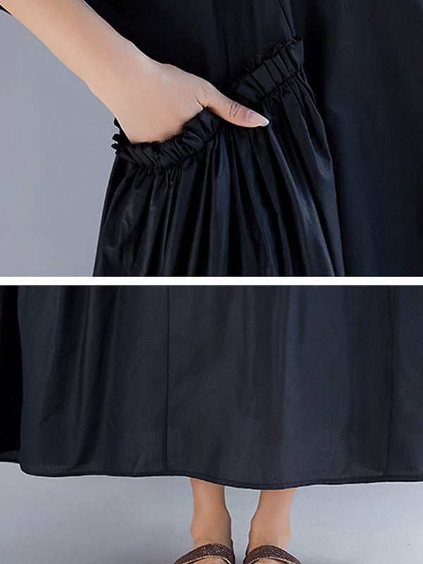 Black Round Neck Short Sleeve Pleated Pocket Loose A-Line Midi Dress 6