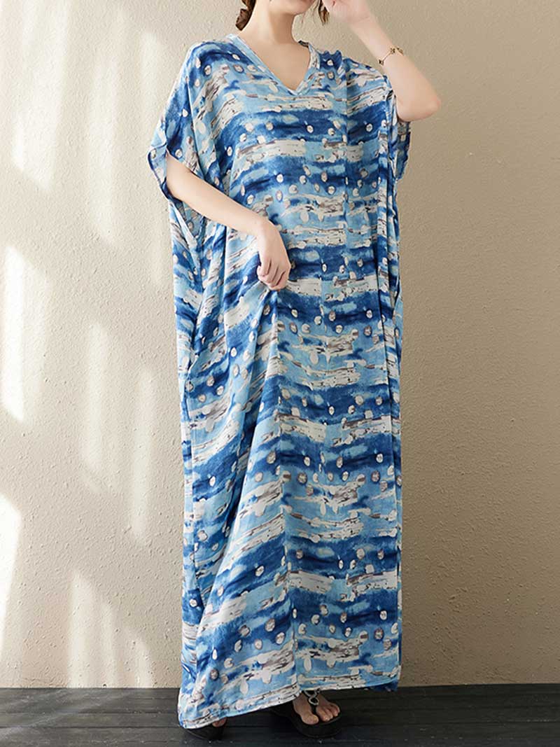 V-Neck Batwing Sleeve Abstract Print Loose Kaftan Maxi Dress