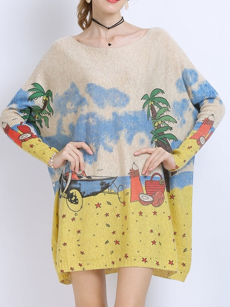 Boat Neck Long Sleeve Beach Scenic Print Oversized Knit Sweater 2