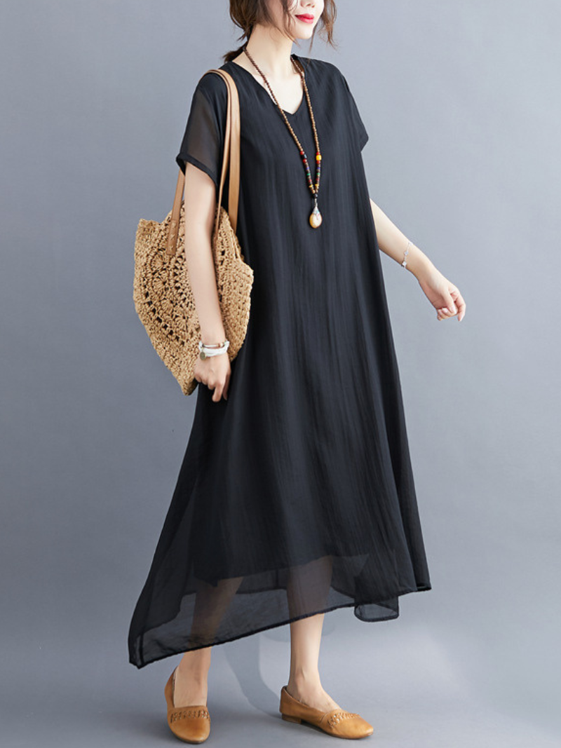 V-Neck Short Sleeve Layered Chiffon Loose A-Line Maxi Dress 7