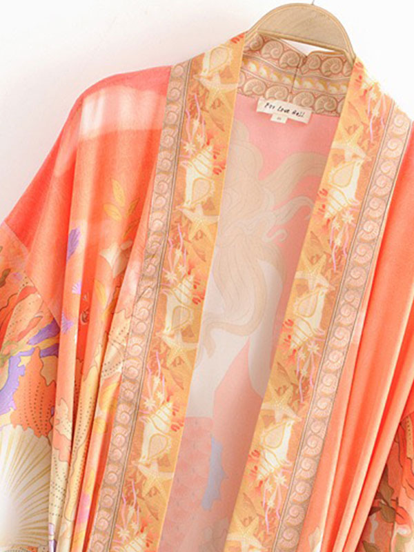 Orange Shawl Collar Floral Crane Print Belted Long Kimono Robe 8